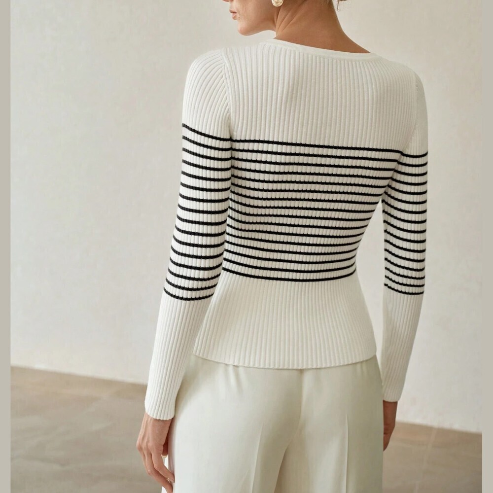 Cream Ribbed Knit Black Striped Crew Neck Sweater - Picture 4 of 8